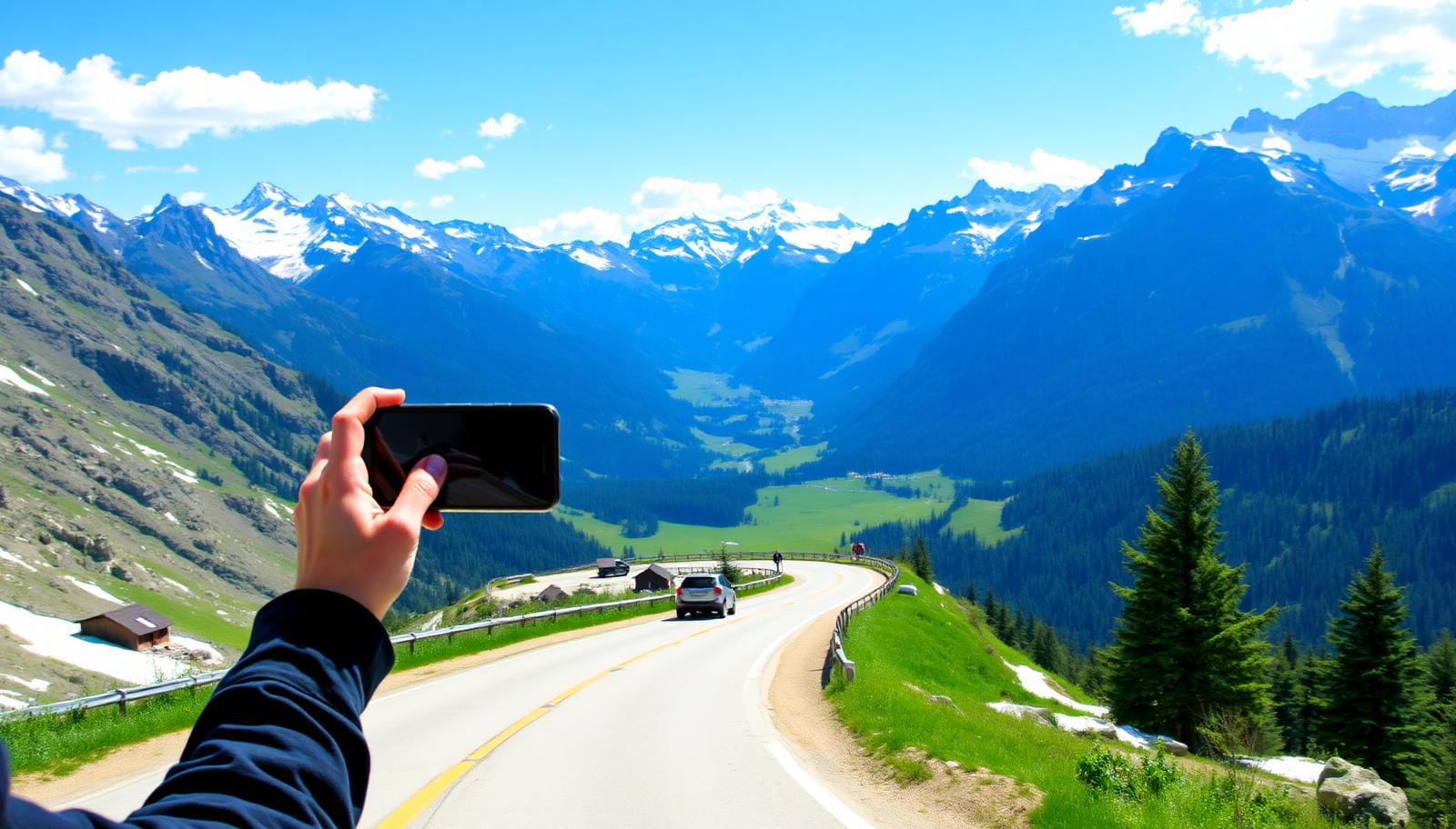 Planinski put u austrijskim Alpama, putnik provjerava telefon