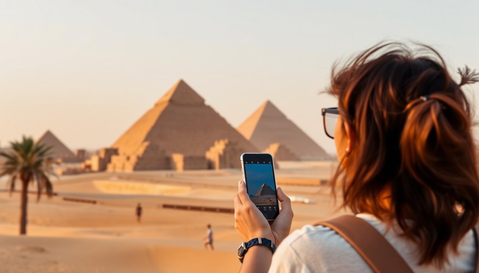 Piramide u Gizi u toplom svjetlu, turistkinja koristi telefon