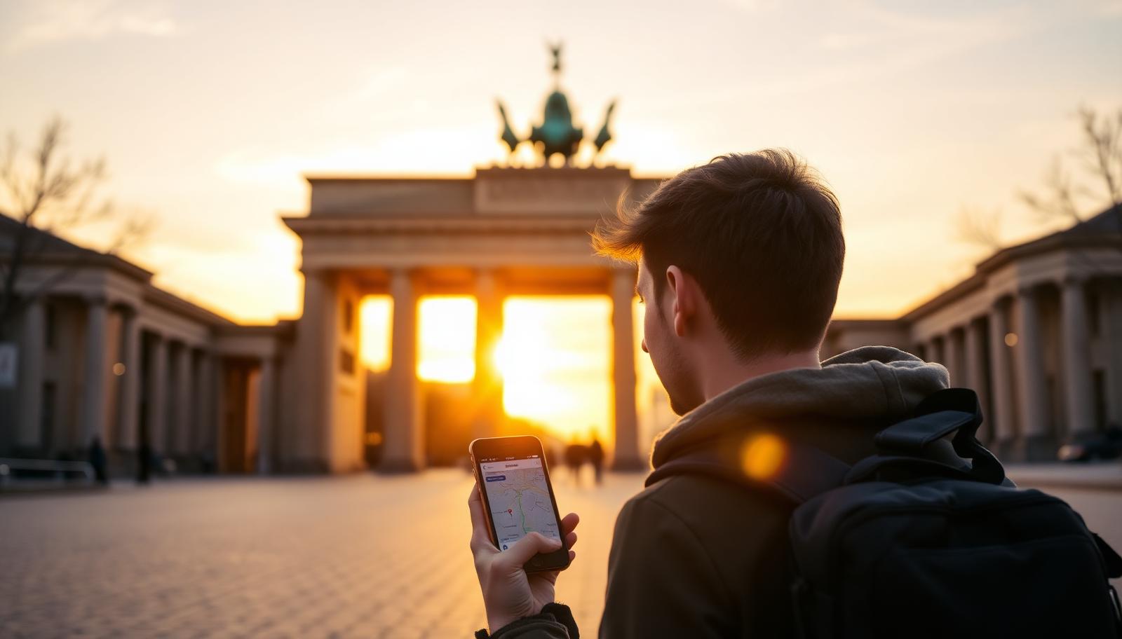 Brandenburška kapija u Berlinu, putnik gleda mapu na telefonu