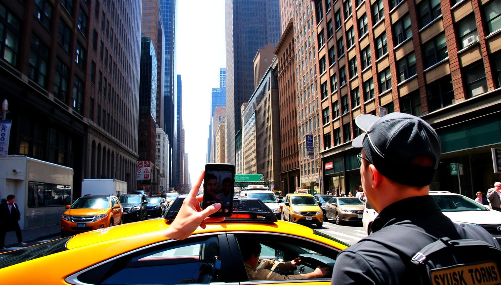 Ulica Manhattana u New Yorku sa žutim taksijem i putnikom s telefonom